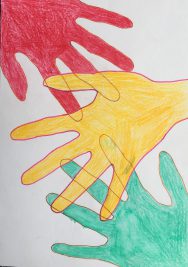 Photo of three hand drawn hands