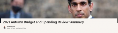 Headline from internal article, 2021 Autumn budget and spending review summary.