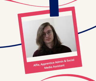A photo of a young man with long brown hair, wearing black rimmed glasses and a black collared shirt. Text reads "Alfie, Apprentice Admin and Social Media Assistant.