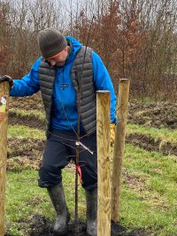A man in a blue jumper and grey beanie hat stamping on the soil to bed in a newly planted tree.