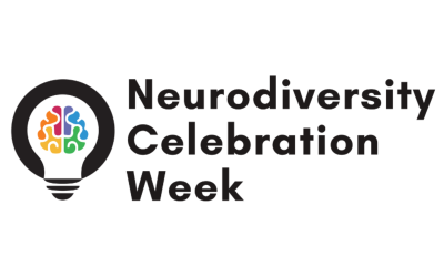 The Neurodiversity Celebration Week logo. A black light bulb with an image of a brain in multicolours.