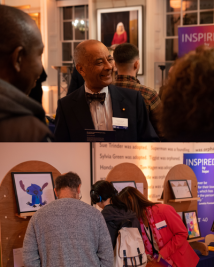 Two photos, one shows a man smiling, one shows lots of people looking at art in the exhibition