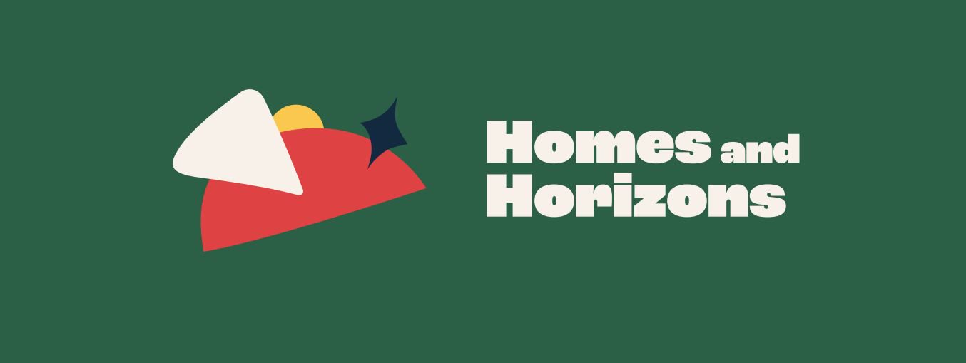 Green background, logo of homes and horizons. Text reads "Homes and horizons."