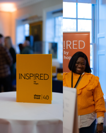 Two images side by side. One of a book and one of a lady in a yellow top smiling.