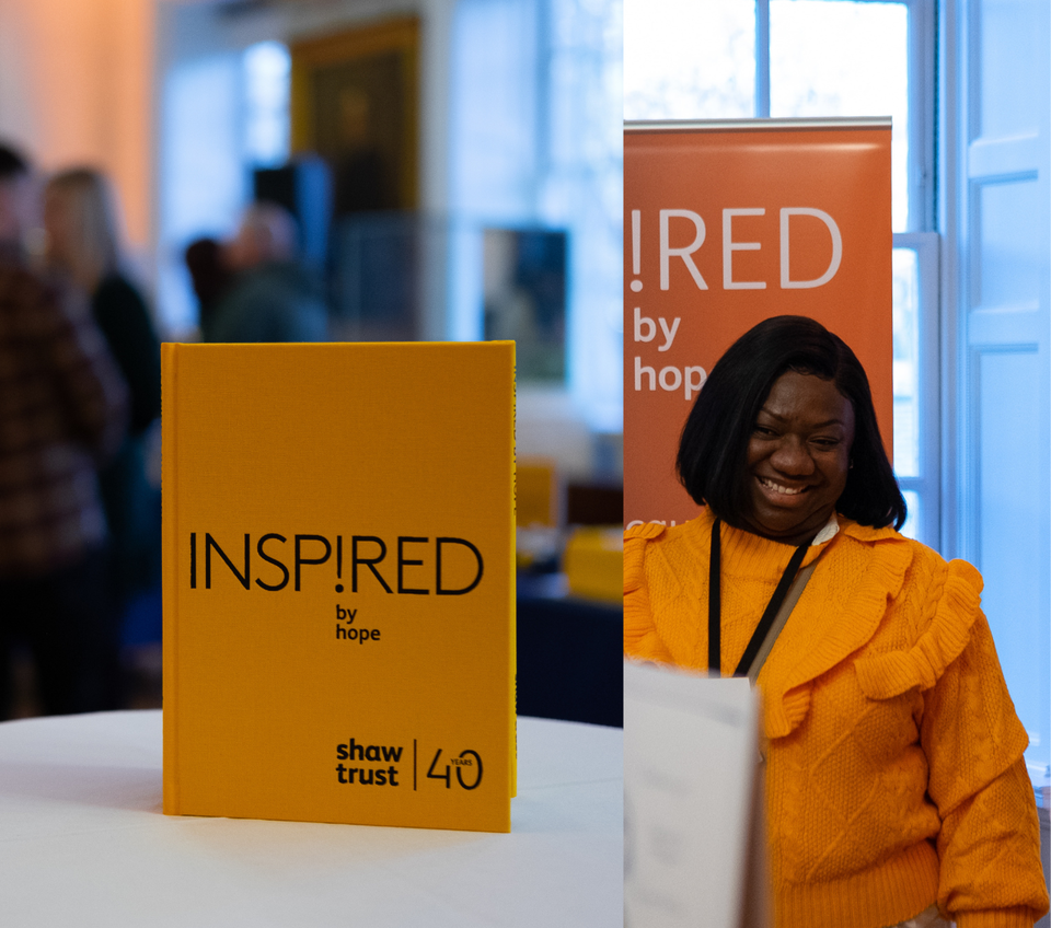 Two images side by side. One of a book and one of a lady in a yellow top smiling.